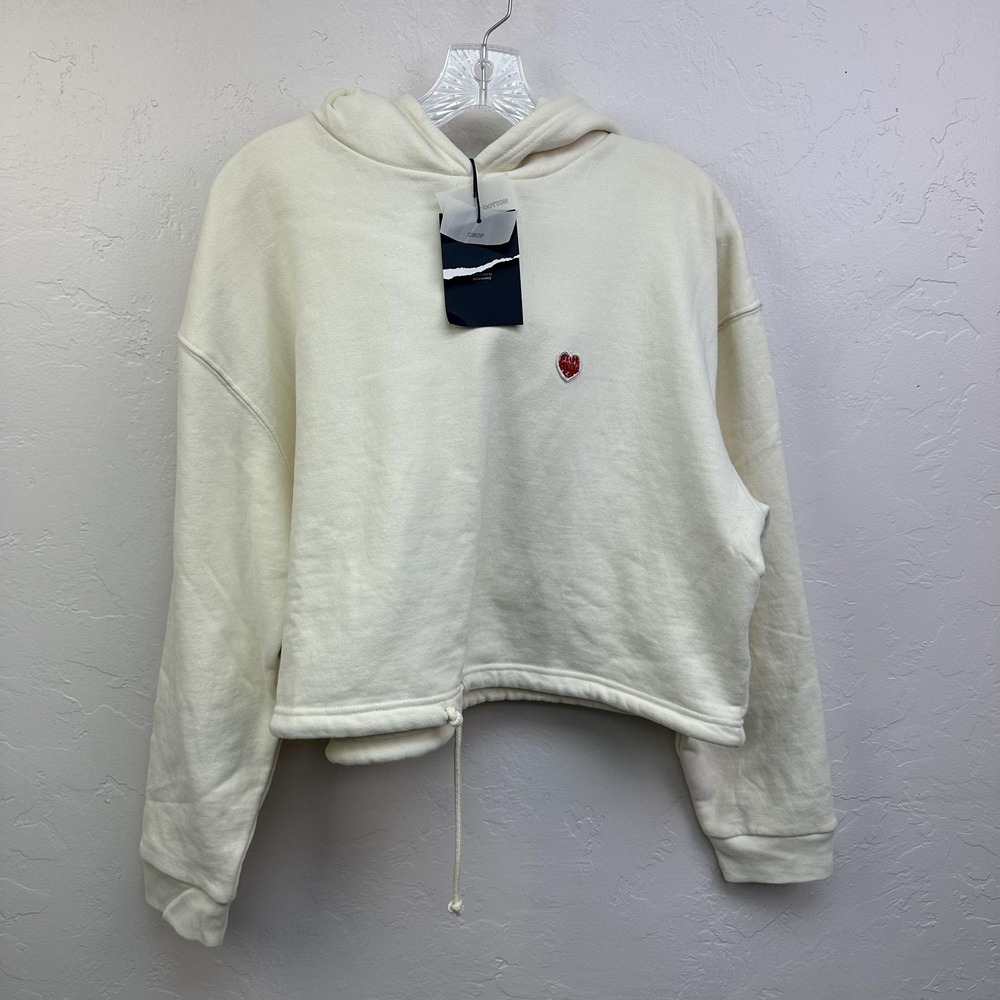 Blue Banana Hoodie Womens Large Off White Cropped Heart Embroidered Pullover New